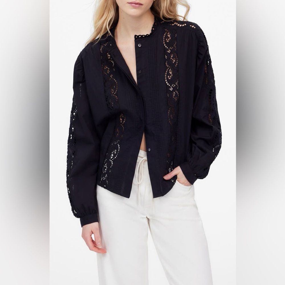 Madewell Lace Inset Pintuck Button-Up Shirt – Size Small – Black - EUC